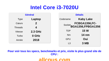 Intel Core i3-7020U Spécifications et benchmarks du CPU