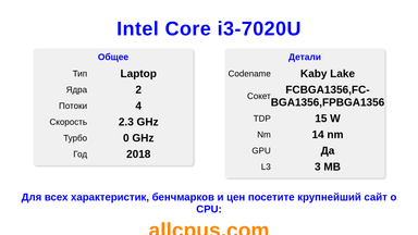 Intel Core i3-7020U Характеристики и бенчмарки CPU
