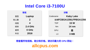 Intel Core i3-7100U CPU 规格和跑分