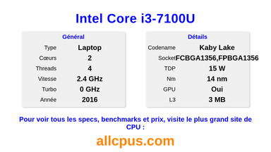 Intel Core i3-7100U Spécifications et benchmarks du CPU