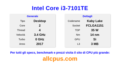 Intel Core i3-7101TE Specifiche e benchmark della CPU