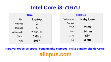 Intel Core i3-7167U Especificações e benchmarks da CPU