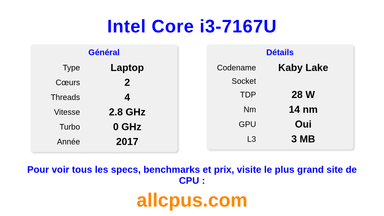 Intel Core i3-7167U Spécifications et benchmarks du CPU