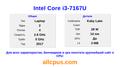 Intel Core i3-7167U Характеристики и бенчмарки CPU