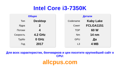Intel Core i3-7350K Характеристики и бенчмарки CPU
