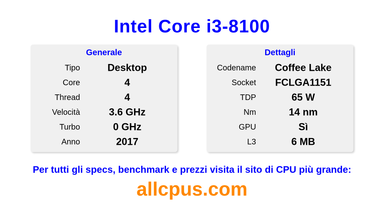 Intel Core i3-8100 Specifiche e benchmark della CPU