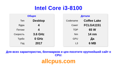 Intel Core i3-8100 Характеристики и бенчмарки CPU