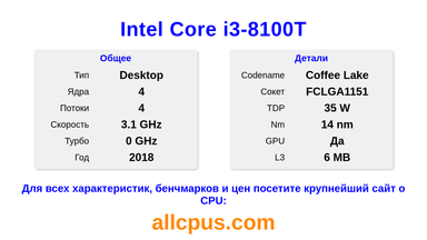 Intel Core i3-8100T Характеристики и бенчмарки CPU