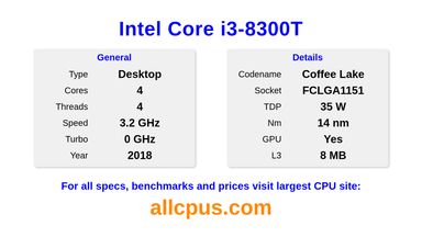 Intel Core i3-8300T CPU Specifications and Benchmark