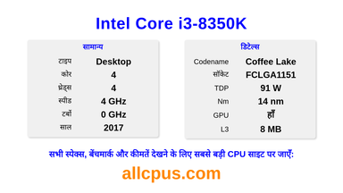 Intel Core i3-8350K CPU की स्पेसिफिकेशन और बेंचमार्क