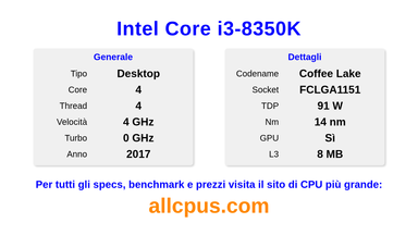 Intel Core i3-8350K Specifiche e benchmark della CPU