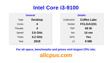 Intel Core i3-9100 CPU Specifications and Benchmark