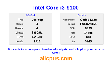 Intel Core i3-9100 Spécifications et benchmarks du CPU