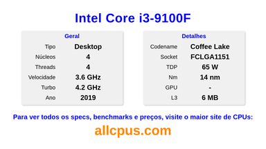 Intel Core i3-9100F Especificações e benchmarks da CPU