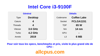 Intel Core i3-9100F Spécifications et benchmarks du CPU