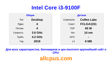 Intel Core i3-9100F Характеристики и бенчмарки CPU
