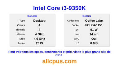 Intel Core i3-9350K Spécifications et benchmarks du CPU