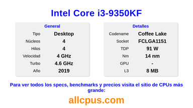 Intel Core i3-9350KF Especificaciones y benchmarks de la CPU