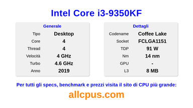 Intel Core i3-9350KF Specifiche e benchmark della CPU