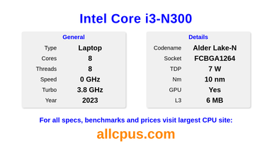 Intel Core i3-N300 CPU Specifications and Benchmark