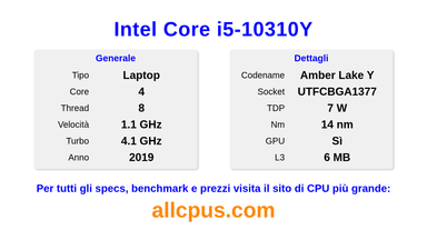 Intel Core i5-10310Y Specifiche e benchmark della CPU