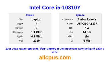 Intel Core i5-10310Y Характеристики и бенчмарки CPU