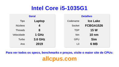 Intel Core i5-1035G1 Especificações e benchmarks da CPU