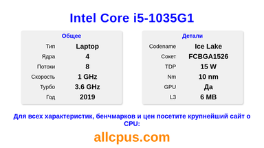 Intel Core i5-1035G1 Характеристики и бенчмарки CPU