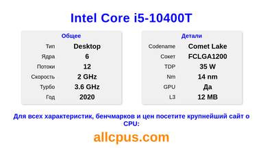 Intel Core i5-10400T Характеристики и бенчмарки CPU