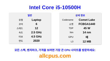 Intel Core i5-10500H CPU 사양과 벤치마크