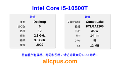 Intel Core i5-10500T CPU 规格和跑分