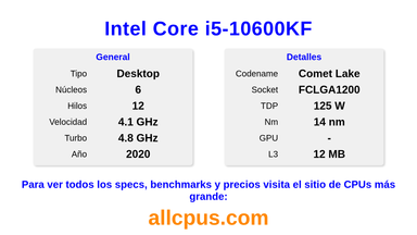 Intel Core i5-10600KF Especificaciones y benchmarks de la CPU