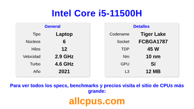Intel Core i5-11500H Especificaciones y benchmarks de la CPU