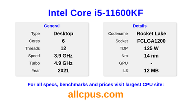 Intel Core i5-11600KF CPU Specifications and Benchmark