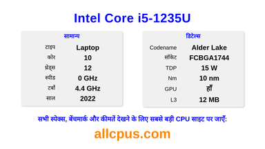 Intel Core i5-1235U CPU की स्पेसिफिकेशन और बेंचमार्क