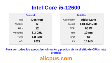 Intel Core i5-12600 Especificaciones y benchmarks de la CPU