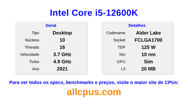 Intel Core i5-12600K Especificações e benchmarks da CPU