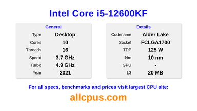 Intel Core i5-12600KF CPU Specifications and Benchmark