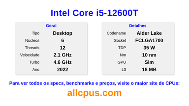 Intel Core i5-12600T Especificações e benchmarks da CPU