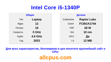 Intel Core i5-1340P Характеристики и бенчмарки CPU