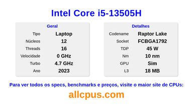 Intel Core i5-13505H Especificações e benchmarks da CPU