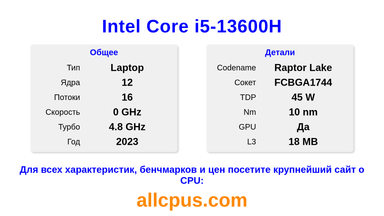 Intel Core i5-13600H Характеристики и бенчмарки CPU