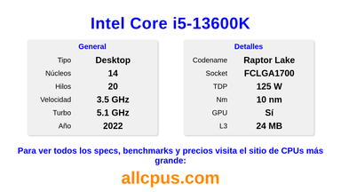 Intel Core i5-13600K Especificaciones y benchmarks de la CPU