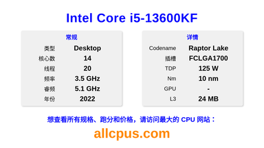 Intel Core i5-13600KF CPU 规格和跑分