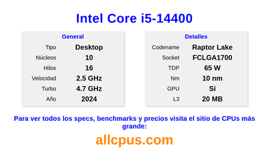 Intel Core i5-14400 Especificaciones y benchmarks de la CPU