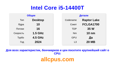 Intel Core i5-14400T Характеристики и бенчмарки CPU