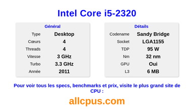 Intel Core i5-2320 Spécifications et benchmarks du CPU