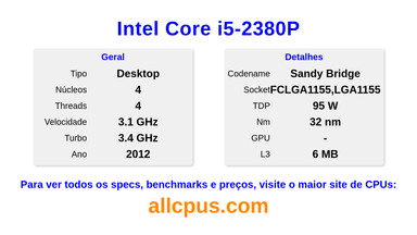 Intel Core i5-2380P Especificações e benchmarks da CPU