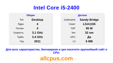 Intel Core i5-2400 Характеристики и бенчмарки CPU