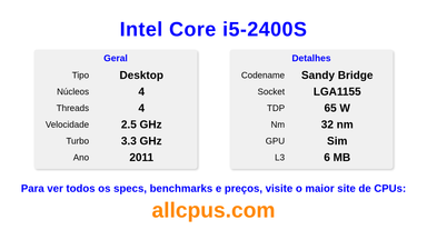 Intel Core i5-2400S Especificações e benchmarks da CPU